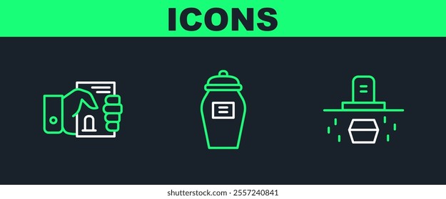 Set line Grave with coffin, Death certificate hand and Funeral urn icon. Vector