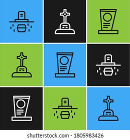 Set line Grave with coffin, tombstone and cross icon. Vector