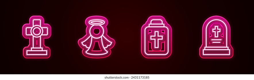 Set line Grave with cross, Angel, Funeral urn and tombstone. Glowing neon icon. Vector