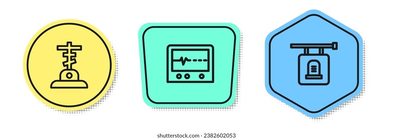 Set line Grave with cross, Beat dead in monitor and Signboard tombstone. Colored shapes. Vector