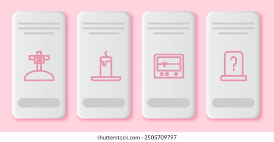 Set line Grave with cross, Burning candle, Beat dead monitor and tombstone. White rectangle button. Vector