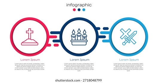 Fije la línea de la tumba con la cruz, vela ardiente en candelabro y cruzada. Plantilla de infografía de negocios. Vector