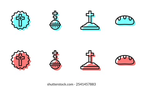 Set line Grave with cross, Christian,  and Bread loaf icon. Vector