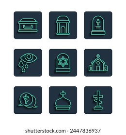 Set line Grave with cross, Church tower, tombstone, star of david, Tear cry eye, Coffin and building icon. Vector