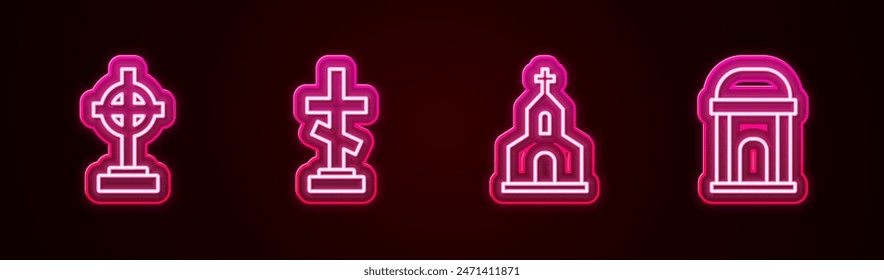 Set line Grave with cross, , Church building and Old crypt. Glowing neon icon. Vector