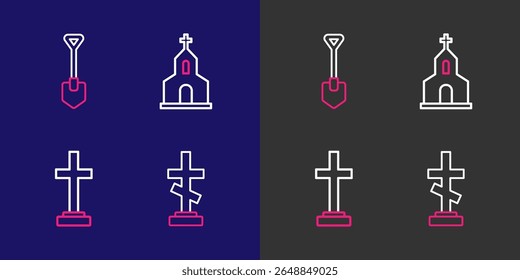 Set line Grave with cross, Church building and Shovel icon. Vector