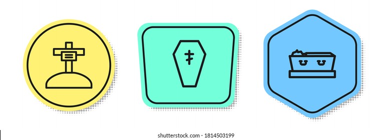 Set line Grave with cross, Coffin and dead. Colored shapes. Vector