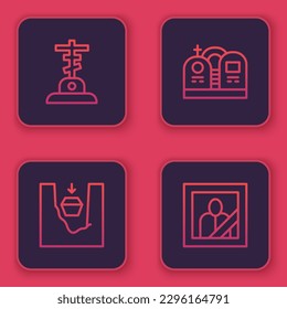 Set line Grave with cross, Coffin in grave, tombstone and Mourning photo frame. Blue square button. Vector