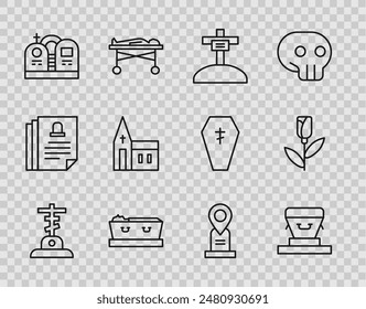 Set line Grave with cross, Coffin, dead, tombstone, Church building, Location grave and Flower rose icon. Vector