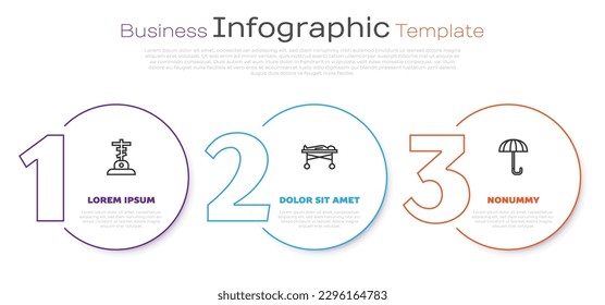 Set line Grave with cross, Dead body in the morgue and Umbrella. Business infographic template. Vector