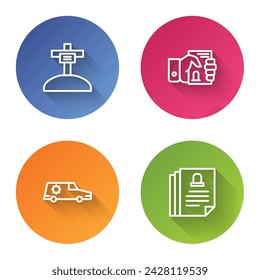 Set line Grave with cross, Death certificate in hand, Hearse car and . Color circle button. Vector