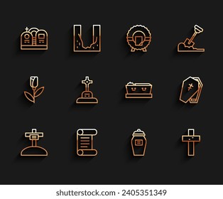 Set line Grave with cross, Decree, parchment, scroll, tombstone, Funeral urn, Christian, Coffin and dead icon. Vector