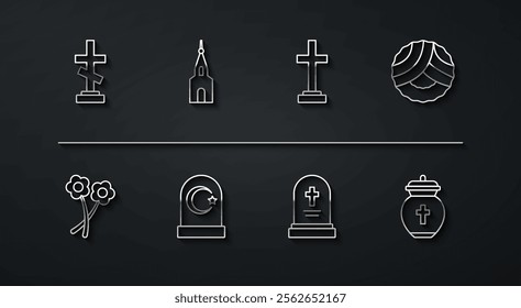 Set line Grave with cross, Flower, Memorial wreath, tombstone, Muslim cemetery, Church building, Funeral urn and  icon. Vector