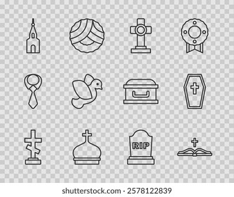 Set line Grave with cross, Holy bible book, Church tower, building, Dove, Tombstone RIP written and Coffin icon. Vector