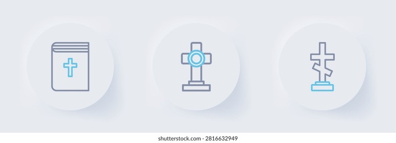 Set line Grave with cross,  and Holy bible book icon. Vector