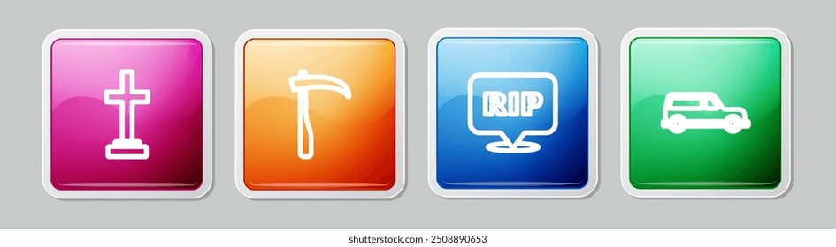 Set line Grave with cross, Scythe, Speech bubble rip death and Hearse car. Colorful square button. Vector