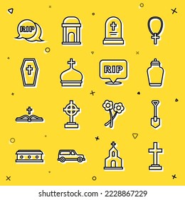 Set line Grave with cross, Shovel, Funeral urn, tombstone, Church tower, Coffin, Speech bubble rip death and  icon. Vector