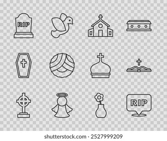 Set line Grave with cross, Speech bubble rip death, Church building, Angel, Tombstone RIP written, Memorial wreath, Flower vase and Holy bible book icon. Vector