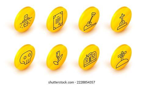 Set line Grave with cross, tombstone, Flower rose, Skull, Shovel in the ground, Death certificate and coffin icon. Vector