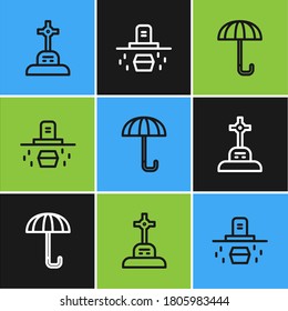 Set line Grave with cross, Umbrella and coffin icon. Vector