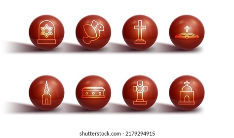 Set line Grave with star of david, Church building, Holy bible book, cross, Coffin, Dove, Old crypt and  icon. Vector