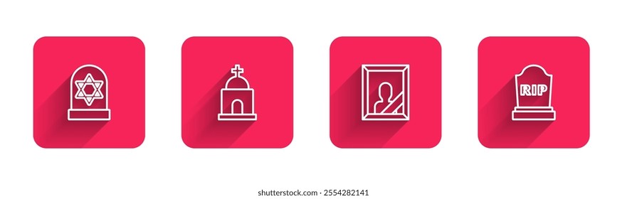 Set line Grave with star of david, Old crypt, Mourning photo frame and Tombstone RIP written with long shadow. Red square button. Vector