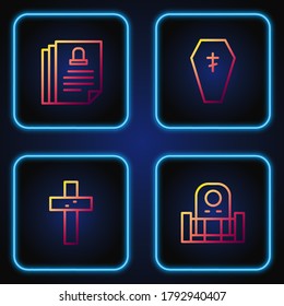 Set line Grave with tombstone, Christian cross, Death certificate and Coffin. Gradient color icons. Vector