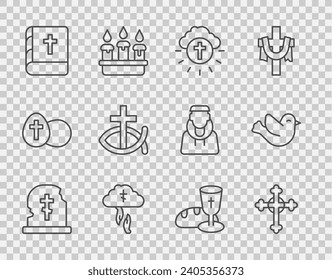 Set line Grave with tombstone, Christian cross, Religious in circle, God's helping hand, Holy bible book, fish, Goblet bread and Dove icon. Vector