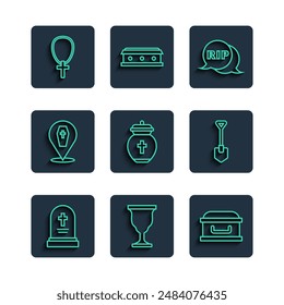 Set line Grave with tombstone, Christian chalice, Coffin cross, Speech bubble rip death, Funeral urn, chain and Shovel icon. Vector