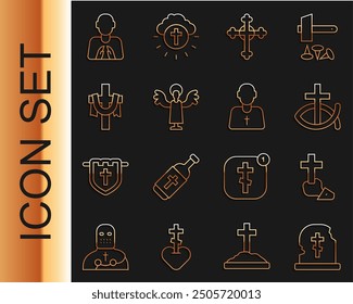 Set line Grave with tombstone, Christian cross, fish, Angel, Hands in praying position and Priest icon. Vector