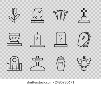 Set line Grave with tombstone, Christmas angel, Metallic nails, cross, Flower rose, Burning candle, Funeral and Coffin icon. Vector