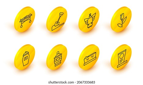 Set line Grave with tombstone, Coffin dead, Funeral urn, Flower rose, Christmas angel, Shovel the ground and Dead body morgue icon. Vector