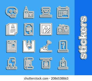 Set Line Grave With Tombstone, Coffin, Death Certificate, Skull And Mourning Photo Frame Icon. Vector