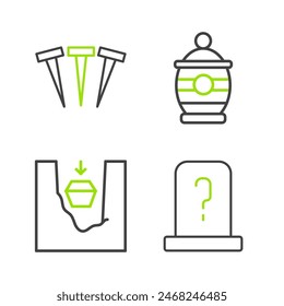 Set line Grave with tombstone, Coffin in grave, Funeral urn and Metallic nails icon. Vector