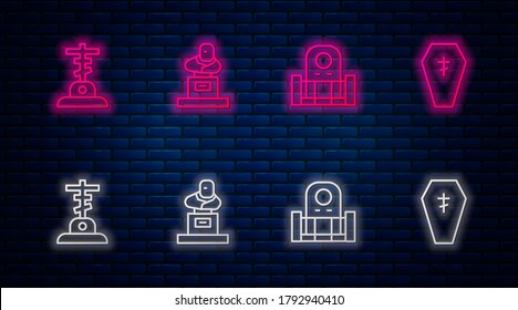 Set line Grave with tombstone, , cross and Coffin. Glowing neon icon on brick wall. Vector
