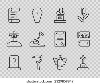 Set line Grave with tombstone, cross, Scythe, Decree, parchment, scroll, Shovel in ground, Christmas angel and Crematorium icon. Vector