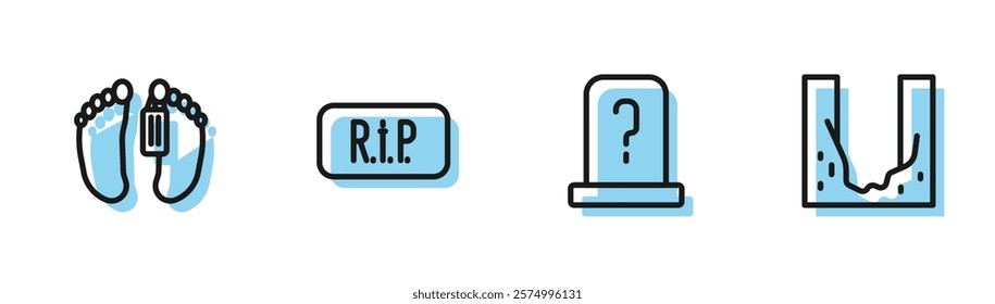 Set line Grave with tombstone, Dead body, Speech bubble rip death and Cemetery digged grave hole icon. Vector