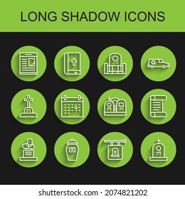 Set line Grave with tombstone, Funeral urn, Obituaries, Signboard, Calendar death, Decree, parchment, scroll and  icon. Vector