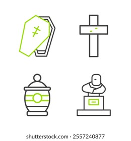 Set line Grave with tombstone, Funeral urn, Christian cross and Coffin icon. Vector