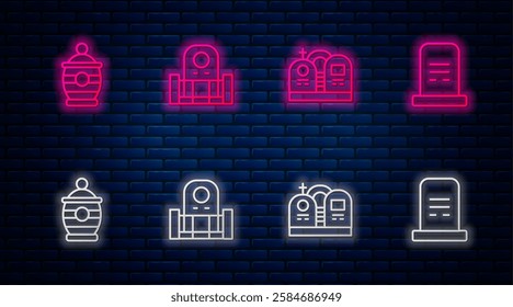 Set line Grave with tombstone, , Funeral urn and . Glowing neon icon on brick wall. Vector