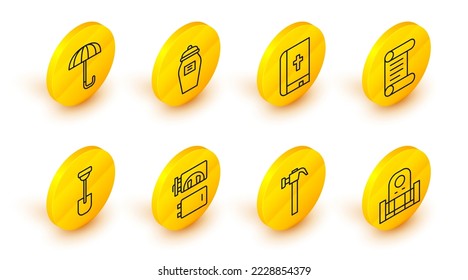 Set line Grave with tombstone, Hammer, Crematorium, Shovel, Decree, parchment, scroll, Holy bible book, Funeral urn and Umbrella icon. Vector