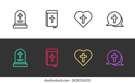 Set line Grave with tombstone, Holy bible book, Christian cross in heart and  on black and white. Vector