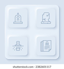 Fijar la línea Grave con lápida, tumba antigua, ataúd y certificado de muerte. Botón cuadrado blanco. Vector