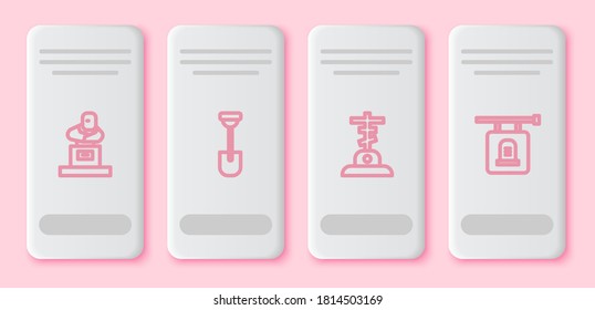 Set line Grave with tombstone, Shovel, cross and Signboard. White rectangle button. Vector