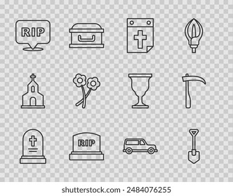 Set line Grave with tombstone, Shovel, Calendar death, Tombstone RIP written, Speech bubble rip, Flower, Hearse car and Scythe icon. Vector