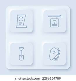 Set line Grave with tombstone, Signboard, Shovel and Coffin cross. White square button. Vector