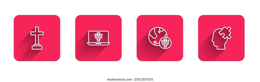 Set line Graves funeral sorrow, Psychologist online, Psychology, Psi and Solution to the problem with long shadow. Red square button. Vector
