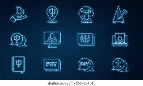 Set line Graves funeral sorrow, Psychologist online, Addiction to the drug, Psychology, Psi, Solution problem, Rorschach test and  icon. Vector