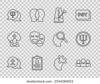 Set line Graves funeral sorrow, Users group, Metronome with pendulum, Medical clipboard, Psychology, Psi, Comedy and tragedy masks, Solution to the problem and  icon. Vector