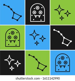 Set line Great Bear constellation, Falling star and Alien icon. Vector